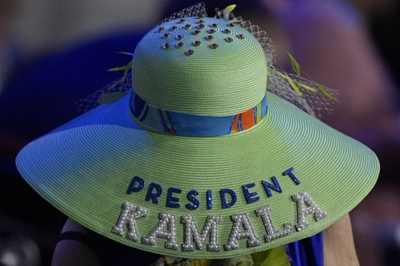 A woman wears a Kamala Harris hat during the Democratic National Convention on Wednesday.