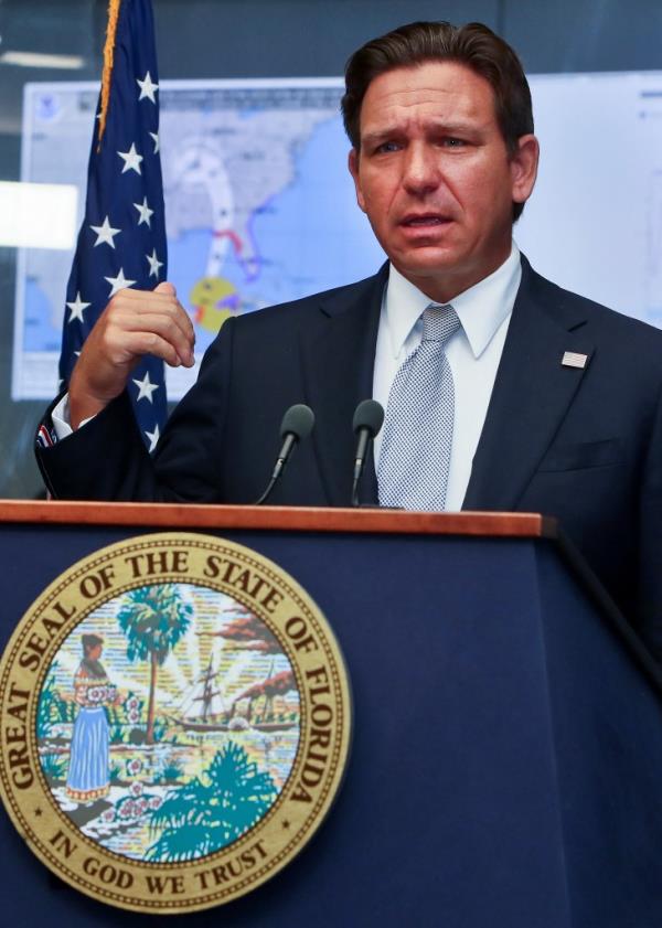 Florida Governor Ron DeSantis speaking at a press briefing about Hurricane Helene at the Emergency Operations Center in Tallahassee, Florida